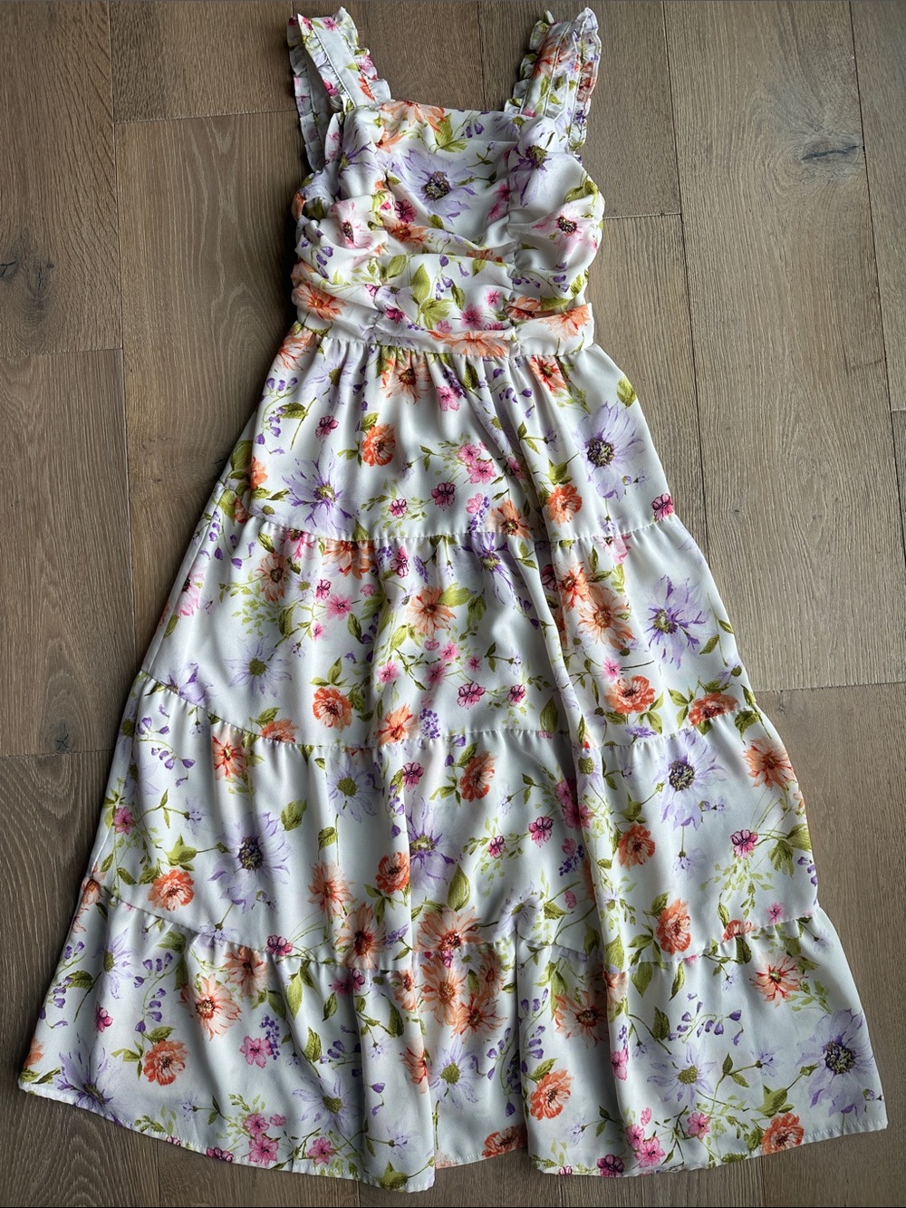Rare Editions White Floral Tiered Sundress with Orange, Purple & Green Accents